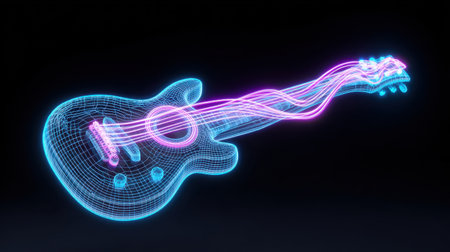 A stunning representation of a guitar designed as a hologram, featuring vibrant neon colors and dynamic light waves. This artwork symbolizes the fusion of music and technology.の素材