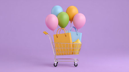 A vibrant shopping cart filled with colorful balloons and shopping bags against a playful purple background, perfect for marketing materials or festive occasions.の素材