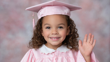 A delighted young girl in a pink graduation gown and cap waves joyfully in her portrait. The soft pastel background enhances her cheerful expression, symbolizing a bright future and educational success.の素材