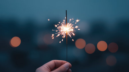 A captivating image of a hand holding a sparkling firework, creating a magical atmosphere of celebration. The blurred bokeh background enhances the festive mood, inviting joy and warmth.の素材