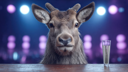 This whimsical image features a close-up of a goat sitting at a bar counter with a sparkling drink, set against vibrant stage lights, creating a humorous and surreal atmosphere.の素材