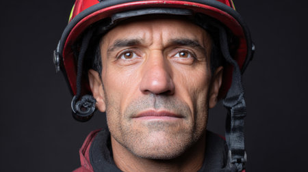 This striking portrait captures a focused firefighter wearing a protective helmet. The intense expression reflects dedication and courage in emergency response, showcasing the commitment to safety and public service.の素材
