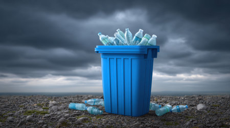 A striking image of a blue trash bin filled with plastic water bottles, set against a backdrop of dark, stormy clouds and a gritty surface, highlighting environmental concerns.の素材