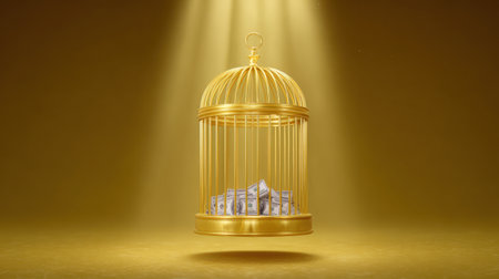 A stunning golden birdcage stands illuminated, containing stacks of cash. This symbolic image captures the essence of wealth, luxury, and dreams in a minimalist setting.の素材