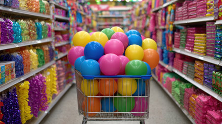 A shopping cart brimming with an array of colorful balls stands in a lively party supplies aisle, showcasing a fun shopping experience filled with vibrant decor.の素材