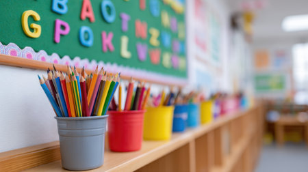 A vibrant classroom scene featuring pots of colorful pencils arranged on wooden shelves, with an engaging alphabet wall in the background designed for learning.の素材