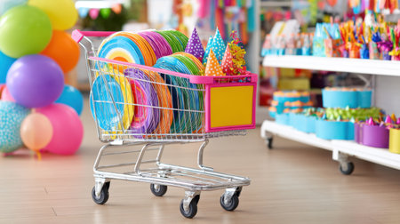 A vibrant shopping cart filled with assorted colorful party supplies, including plates and hats, set against a cheerful backdrop of decorations ideal for celebrations.の素材