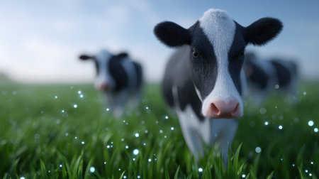 A close-up view of Holstein cows in a lush green pasture, with a soft blue sky in the background and a dreamy bokeh effect enhancing the tranquil rural scene.の素材