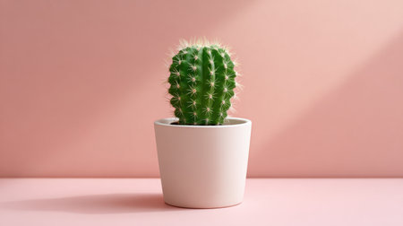 A vibrant green cactus sits elegantly in a sleek white pot, set against a soft pastel pink backdrop, emphasizing its unique texture and natural beauty.の素材