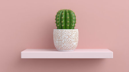 A vibrant green cactus stands in an elegantly designed pot on a minimalist pink shelf, creating a stylish focal point for any modern interior space.の素材