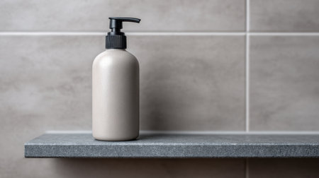Elegant composition of a minimalist pump bottle placed on a gray shelf, set against smooth tile. Ideal for skincare and personal care themes.の素材