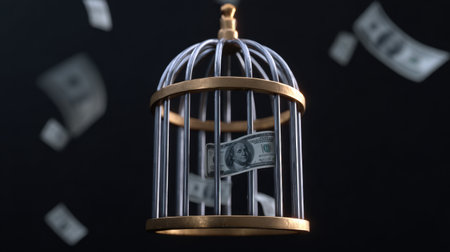 An artistic representation of a bird cage holding cash, surrounded by flying dollar bills, symbolizing the concepts of wealth, freedom, and financial aspiration.の素材
