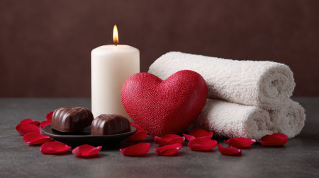 A serene and romantic arrangement featuring a red heart, soft towels, a glowing candle, chocolates, and scattered rose petals, perfect for relaxation and self-care.の素材