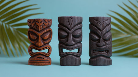 This image showcases three intricately carved tiki statues, each with unique facial expressions, against a soft blue background with tropical elements.の素材
