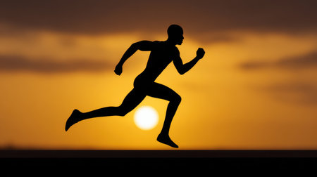 A striking silhouette of a male runner captures the essence of movement and determination against a vibrant sunrise backdrop, symbolizing energy and ambition.の素材