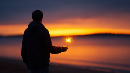 A serene moment captured at sunset, featuring a person holding a sparkler by the beach. The calm water reflects colorful sky hues, evoking peace.の素材