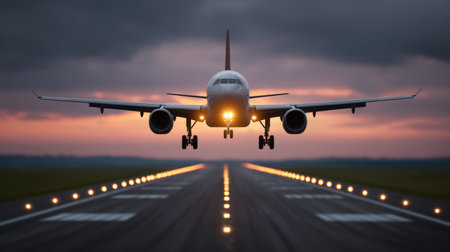 A stunning airplane approaches the runway for landing at sunset, showcasing vibrant colors in the sky and illuminated pathway lights marking the way.の素材