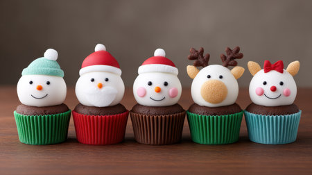 This image showcases delightful winter-themed cupcakes featuring charming snowman and reindeer decorations, perfect for holiday gatherings and celebrations.の素材