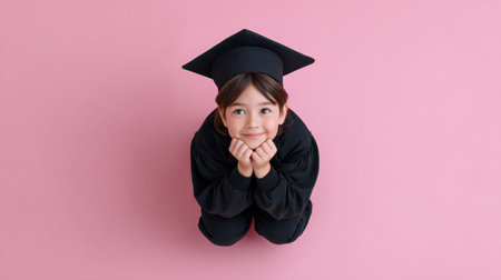 A delightful image of a young girl in a graduation cap, showcasing a thoughtful expression against a vibrant pink background. Perfect for educational themes.の素材