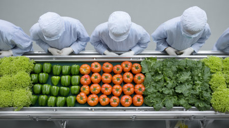 A group of workers dressed in cleanroom attire examines fresh vegetables on a conveyor belt, showcasing the meticulous process in food handling and inspection.の素材