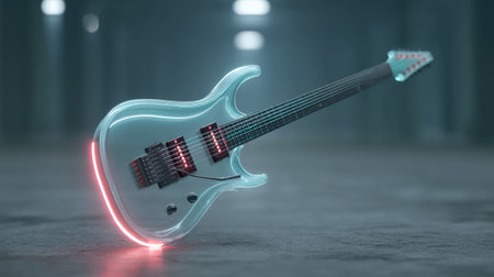 This captivating image features a futuristic electric guitar illuminated with neon lights, set in a dim, atmospheric environment. The design showcases a sleek and modern aesthetic, perfect for music enthusiasts and digital art collectors.の素材