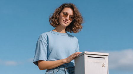 A cheerful young woman with curly hair poses by a white mailbox on a sunny day. She wears casual clothing and sunglasses, embodying a relaxed summer vibe.の素材