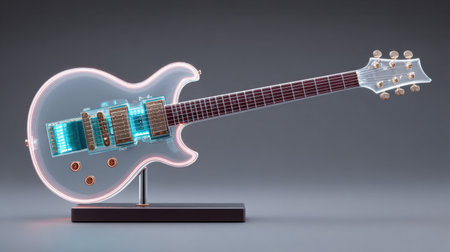 This image features a stunning futuristic electric guitar with a transparent body and vibrant LED highlights, showcasing modern design and craftsmanship.の素材