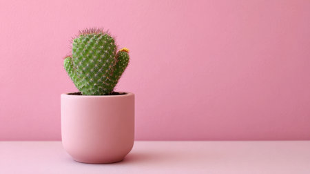 This image features a green cactus in a minimalist pink pot against a smooth pastel pink background, offering a touch of nature to modern home decor.の素材