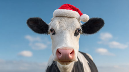 A charming cow sporting a festive Santa hat stands against a clear blue sky dotted with soft clouds, exuding holiday cheer and playful spirit.の素材