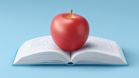 A vibrant red apple rests on an open book filled with colorful handwritten notes, set against a soft blue background, symbolizing education and inspiration.の素材