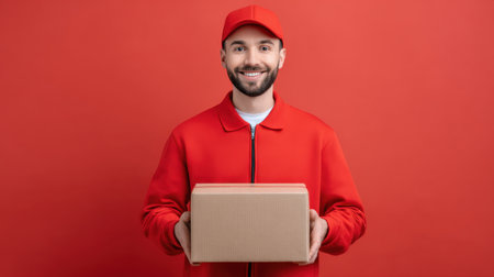 A cheerful delivery person wearing a red uniform stands against a bright red background, holding a cardboard box with a warm smile. Ideal for themes of service and positivity.の素材