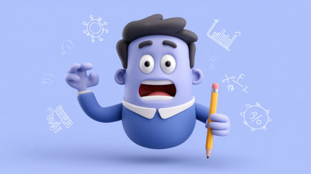 Vibrant cartoon character showcases a surprised expression while holding a pencil, symbolizing creativity and knowledge against a blue backdrop filled with graph icons.の素材