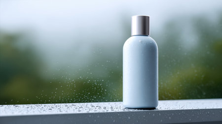 A serene image of an elegant blue bottle placed on a damp surface, illuminated softly, evoking feelings of freshness and tranquility in nature.の素材