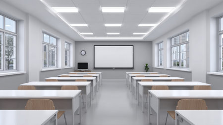 A spacious and bright classroom featuring a clean design with desks arranged in rows, a large whiteboard, and ample natural light. Perfect for educational settings.の素材