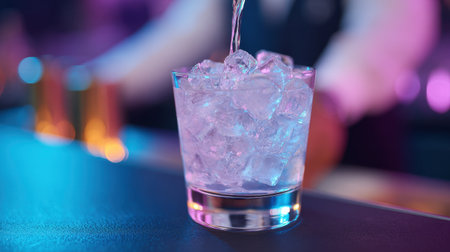 A close-up view of a bartender expertly pouring a refreshing drink over a glass filled with ice, set against a vibrant, colorful bar backdrop.の素材