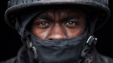 Close-up portrait of a soldier wearing tactical gear and protective equipment. The intense gaze reflects determination and readiness for action.の素材