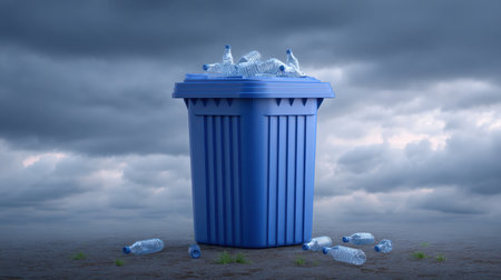 A blue recycling bin filled with discarded plastic bottles stands against a dramatic dark sky, symbolizing the importance of waste management and environmental responsibility.の素材