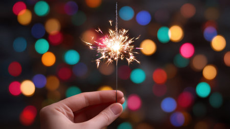 A captivating image of a hand holding a sparkler that emits bright sparks, set against a colorful bokeh background. This visual captures the essence of celebration, joy, and festivity, perfect for events and special occasions.の素材