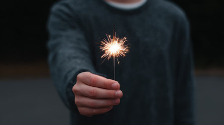 A person holds a sparkling sparkler in a dimly lit setting, capturing the magic of celebration and joy, perfect for festive themes and cozy moments.の素材