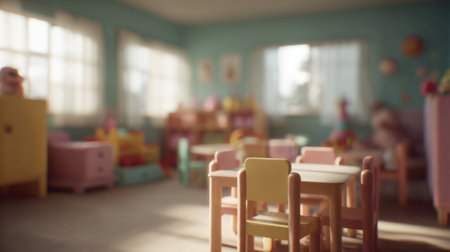 A cozy playroom filled with colorful toy furniture under bright windows. Soft focus highlights playful decor, creating an inviting atmosphere perfect for children's creativity and joy.の素材