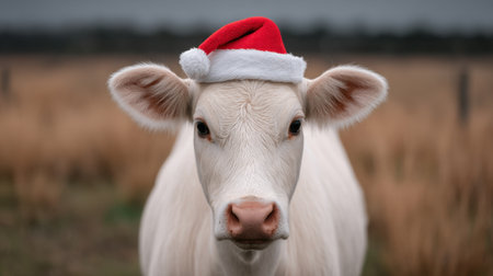 This adorable white cow wears a festive Santa hat in a winter field, creating a charming and whimsical scene perfect for holiday-themed imagery.の素材