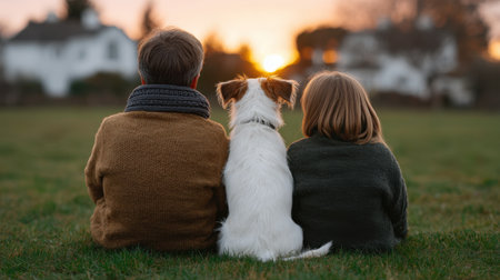 Delightful scene of two children and a dog sitting together, enjoying a beautiful sunset in a serene rural landscape, symbolizing friendship and tranquility.の素材