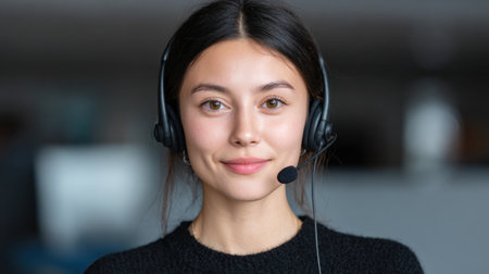 A young woman wearing a headset is smiling at the camera in a contemporary office setting. She represents professionalism and effective communication in customer service.の素材