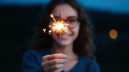 A cheerful young girl joyfully holds a sparkler in her hand, illuminated by its beautiful glow, while enjoying a magical evening celebration outdoors.の素材