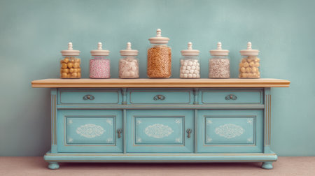 A charming scene featuring colorful candy jars filled with various sweets placed on a vintage blue cabinet, perfect for showcasing a joyful kitchen atmosphere.の素材
