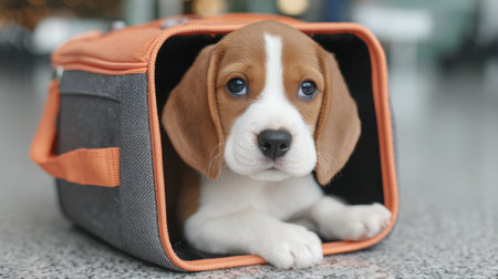 A charming beagle puppy nestled inside a stylish travel carrier, showcasing its expressive blue eyes and playful demeanor in a contemporary indoor setting.の素材