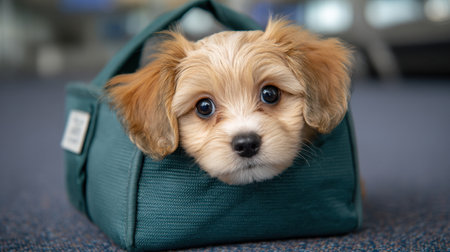This enchanting image captures a small puppy with big eyes peeking out from a travel bag in an airport setting, evoking feelings of warmth and companionship.の素材