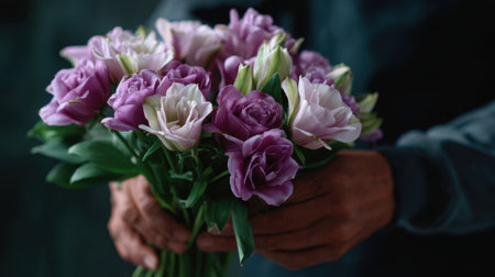 A beautiful bouquet featuring purple and white roses, gracefully held in hands. The soft natural light enhances the floral beauty, perfect for various occasions.の素材