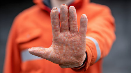 Close-up image of a worker in an orange safety suit holding up a gloved hand in a cautionary gesture, emphasizing safety awareness and protocols.の素材