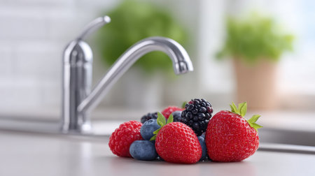 A visual display of vibrant mixed berries including raspberries, blueberries, and blackberries arranged on a clean kitchen countertop beside a sleek sink.の素材